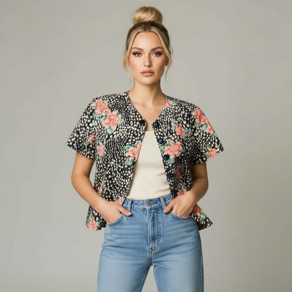 Vintage Maggy London 100% Silk Short Sleeve Floral Print Blouse | Button Up